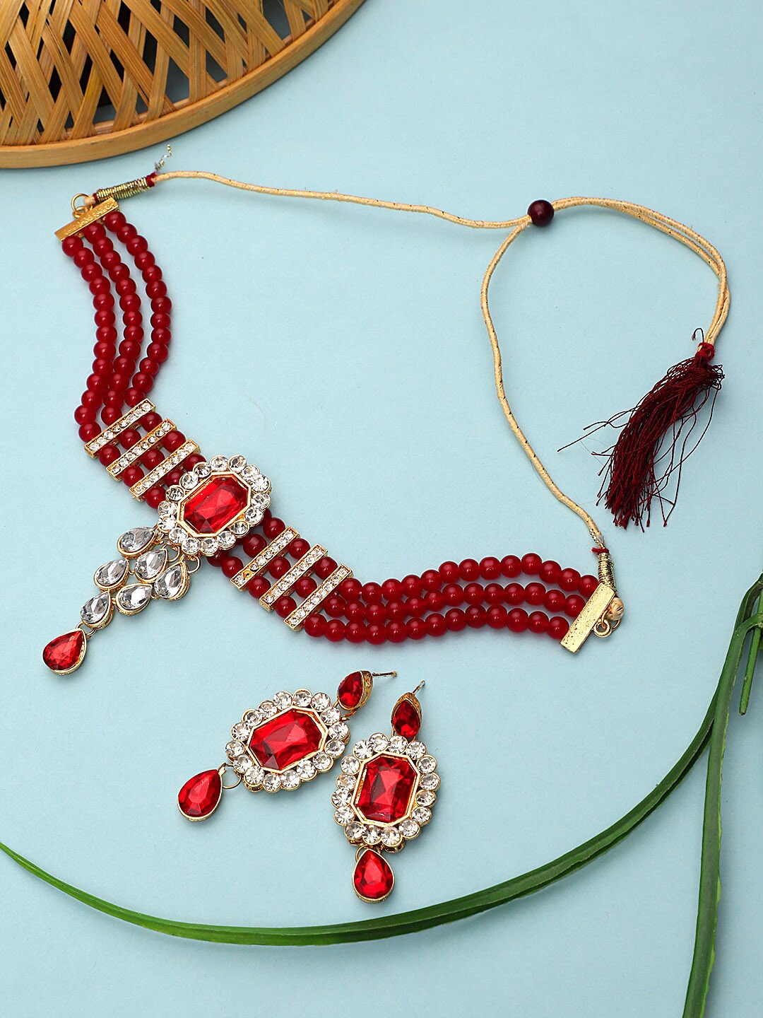 

CARDINAL Gold-Toned Maroon & White Stone Studded & Beaded Jewellery Set