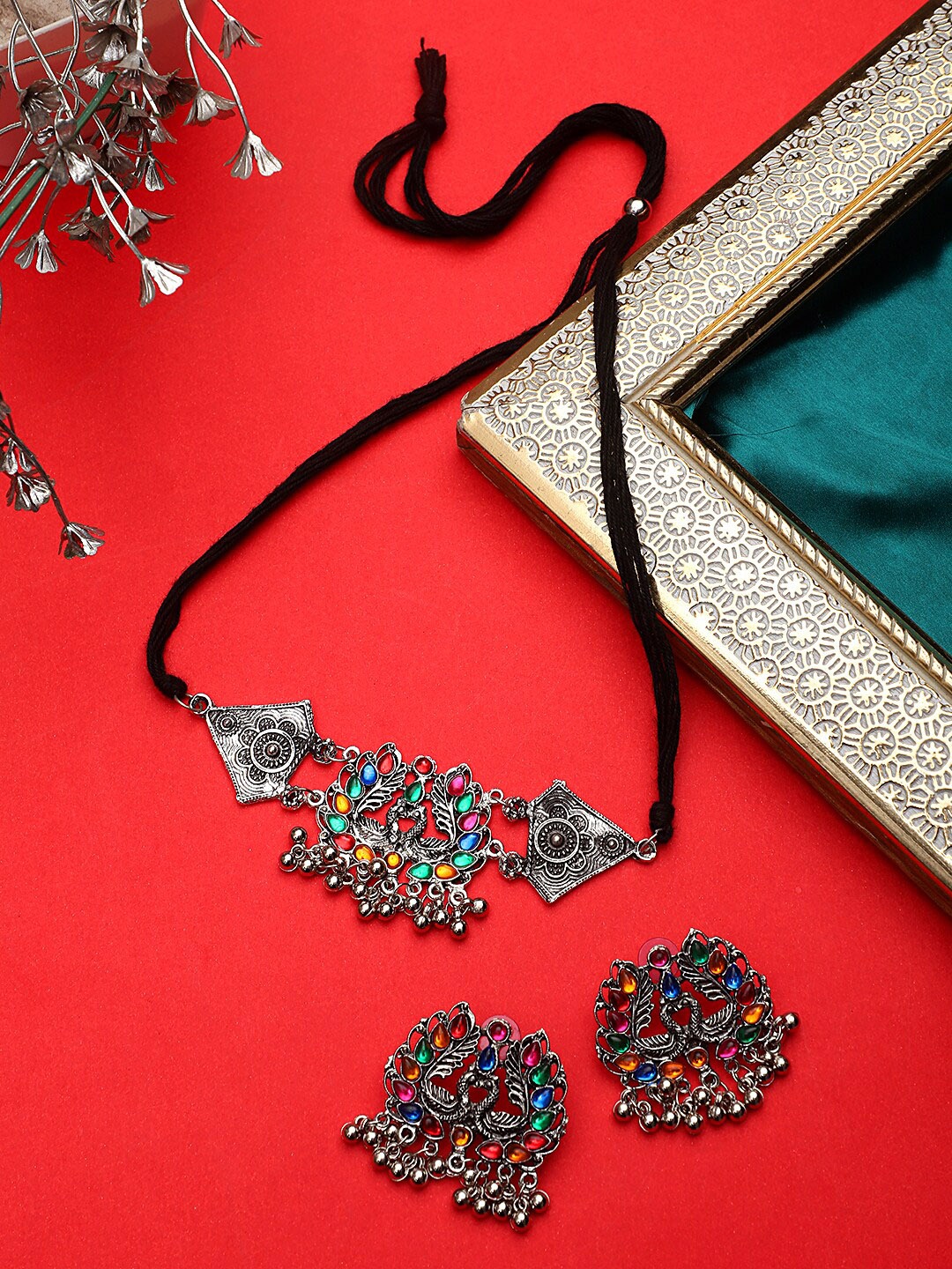 

CARDINAL Oxidized Silver Colored Blue Stone Studded & Beaded Jewellery Set