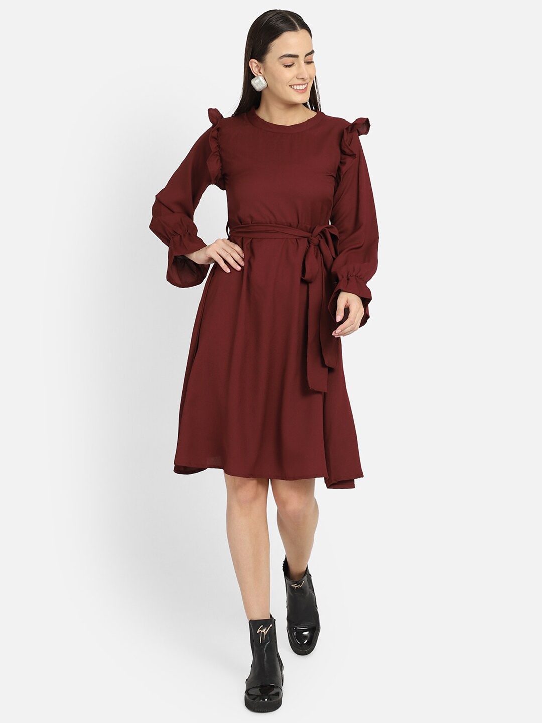 

Fashfun Maroon Solid Fit & Flare Crepe Dress