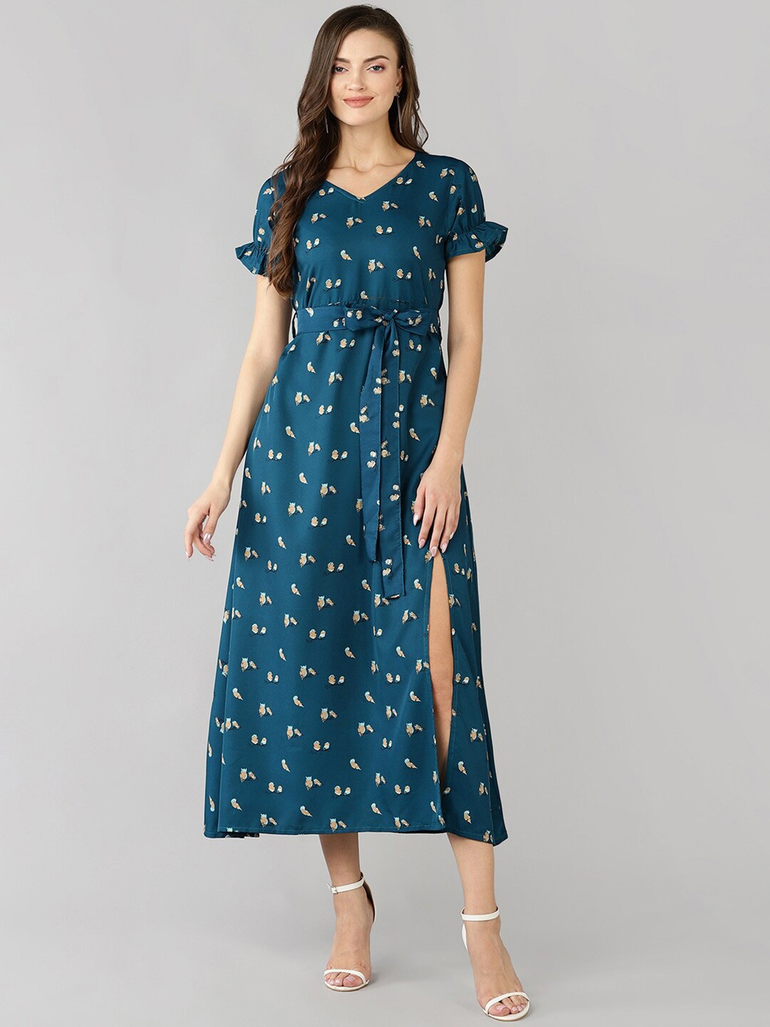 

Fashfun Teal Floral Crepe Maxi Dress With Front Slit