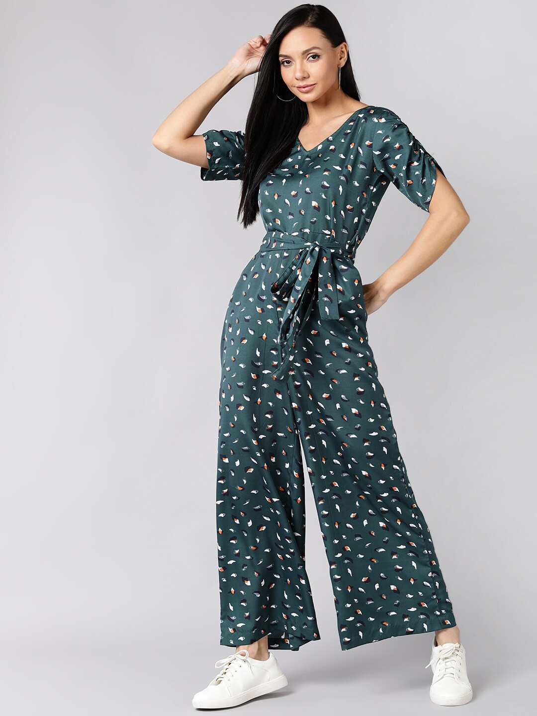 

Fashfun Women Green & White Printed Basic Jumpsuit