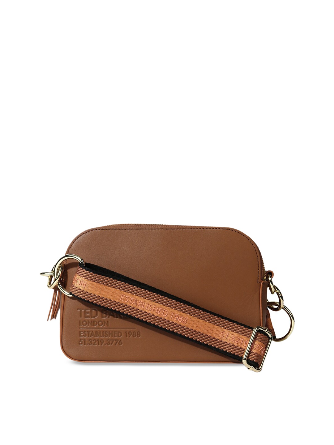 

Ted Baker Brown Colourblocked Leather Half Moon Sling Bag with Tasselled