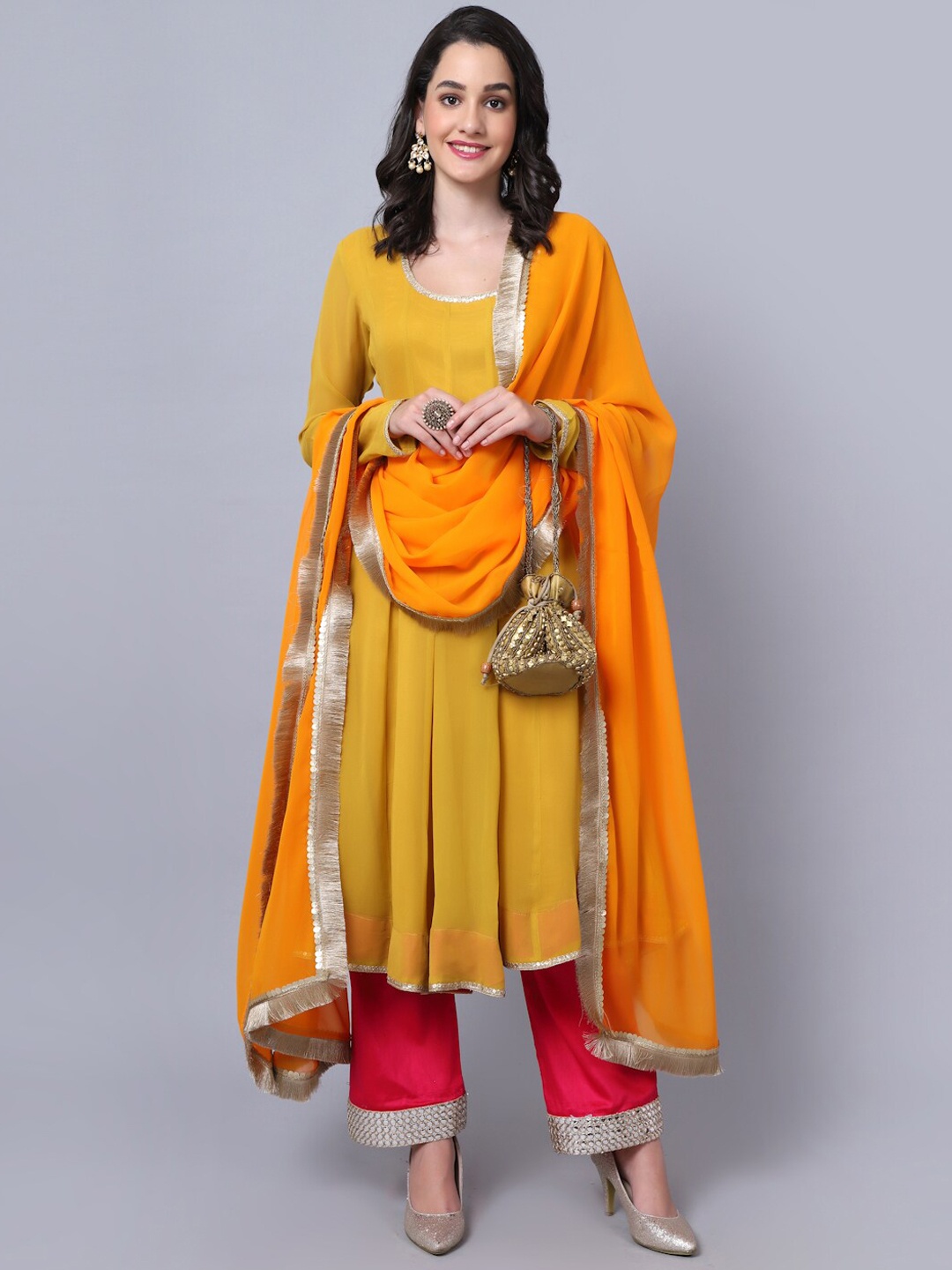 

anokherang Women Mustard Yellow Printed Gotta Patti Silk Georgette Kurta with Churidar & With Dupatta