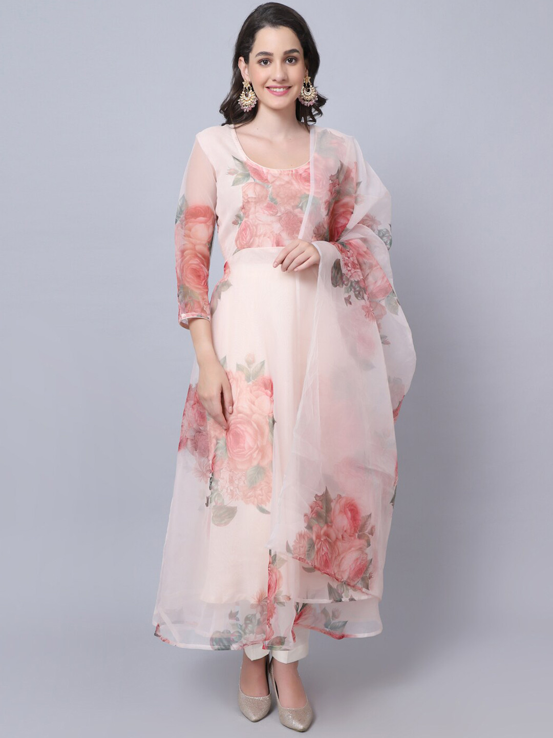 

anokherang Women Off White Floral Dyed Layered Kurta with Trousers