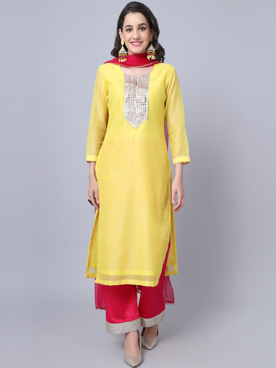 

anokherang Women Yellow Mirror Work Chanderi Silk Kurta with Palazzos & With Dupatta