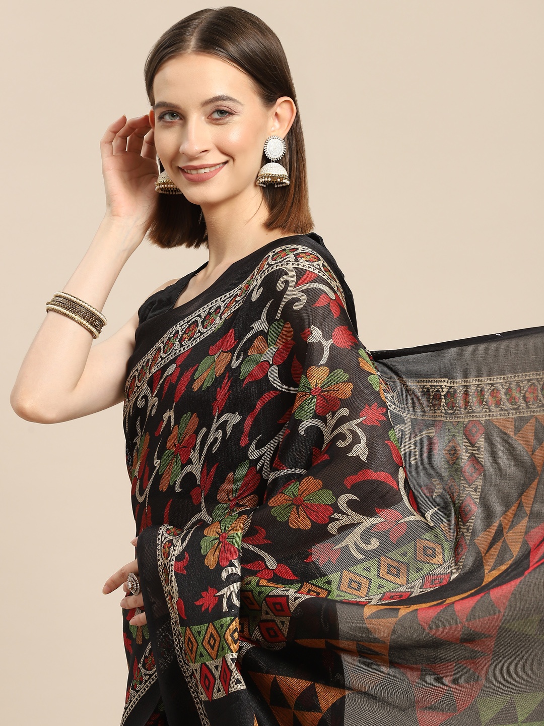 

all about you Black & Red Cotton Linen Kalamkari Print Saree
