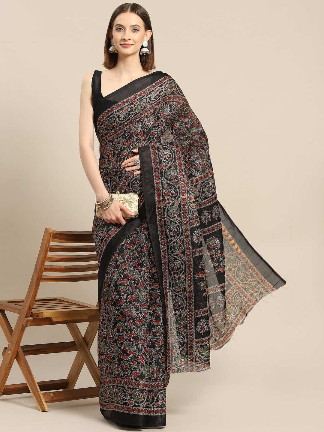 

all about you Black & Maroon Cotton Linen Kalamkari Print Saree