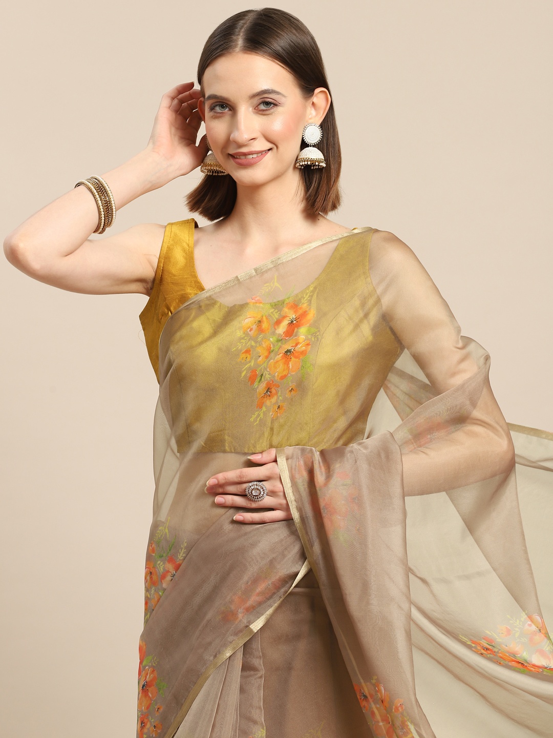 

all about you Beige Floral Organza Saree