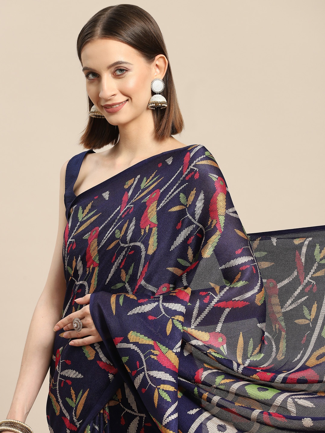 all about you Navy Blue Cotton Linen Kalamkari Print Saree