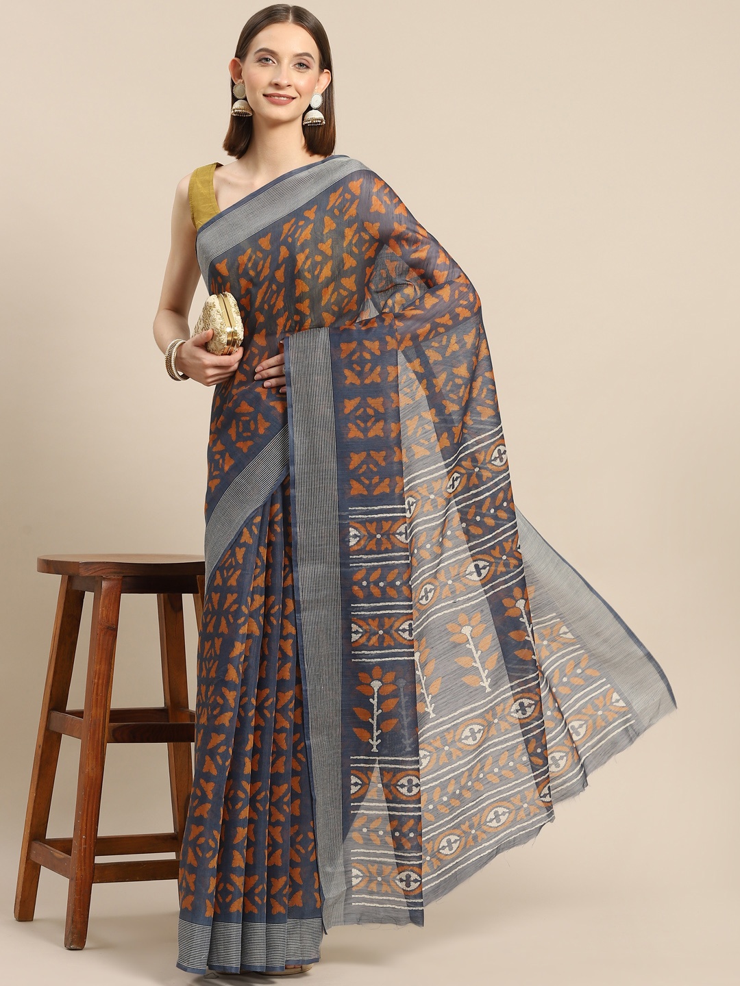 

all about you Grey & Orange Printed Saree