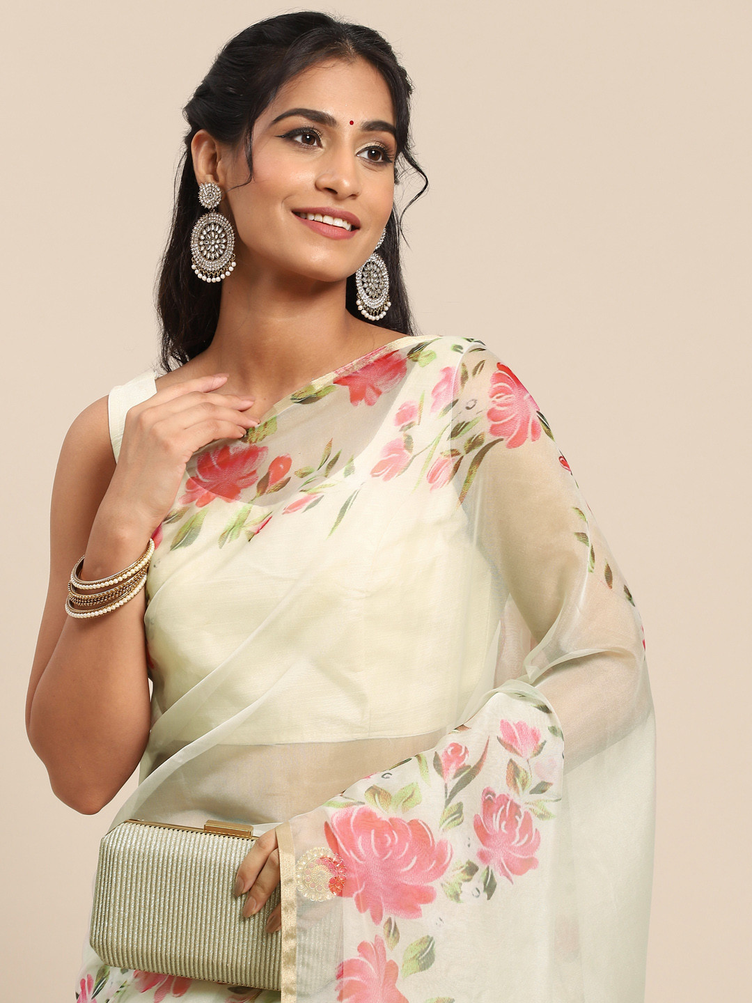 

all about you Beige Floral Organza Saree