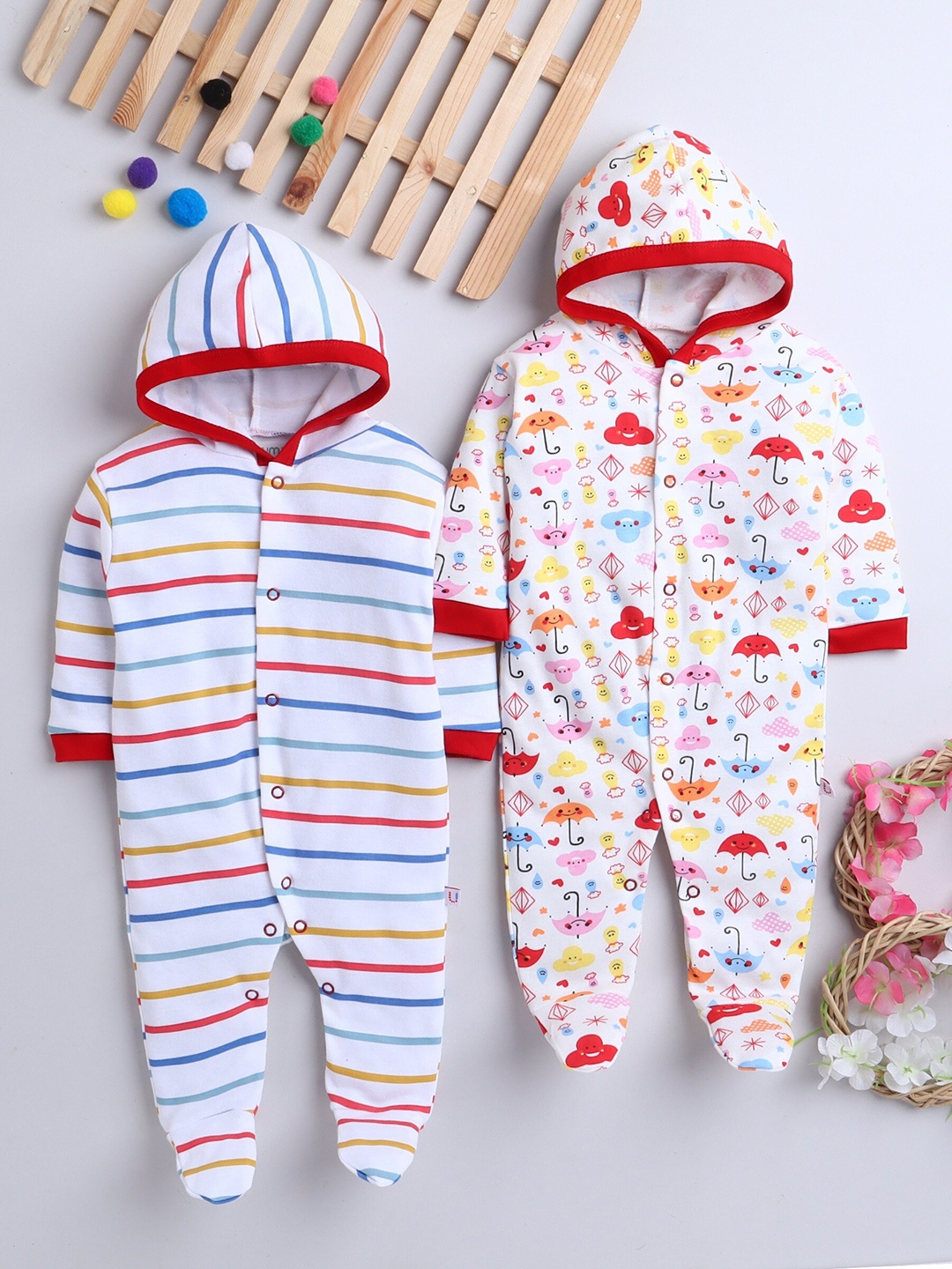 

BUMZEE Newborn Girls White & Red Pack Of 2 Printed Cotton Hooded Sleepsuit