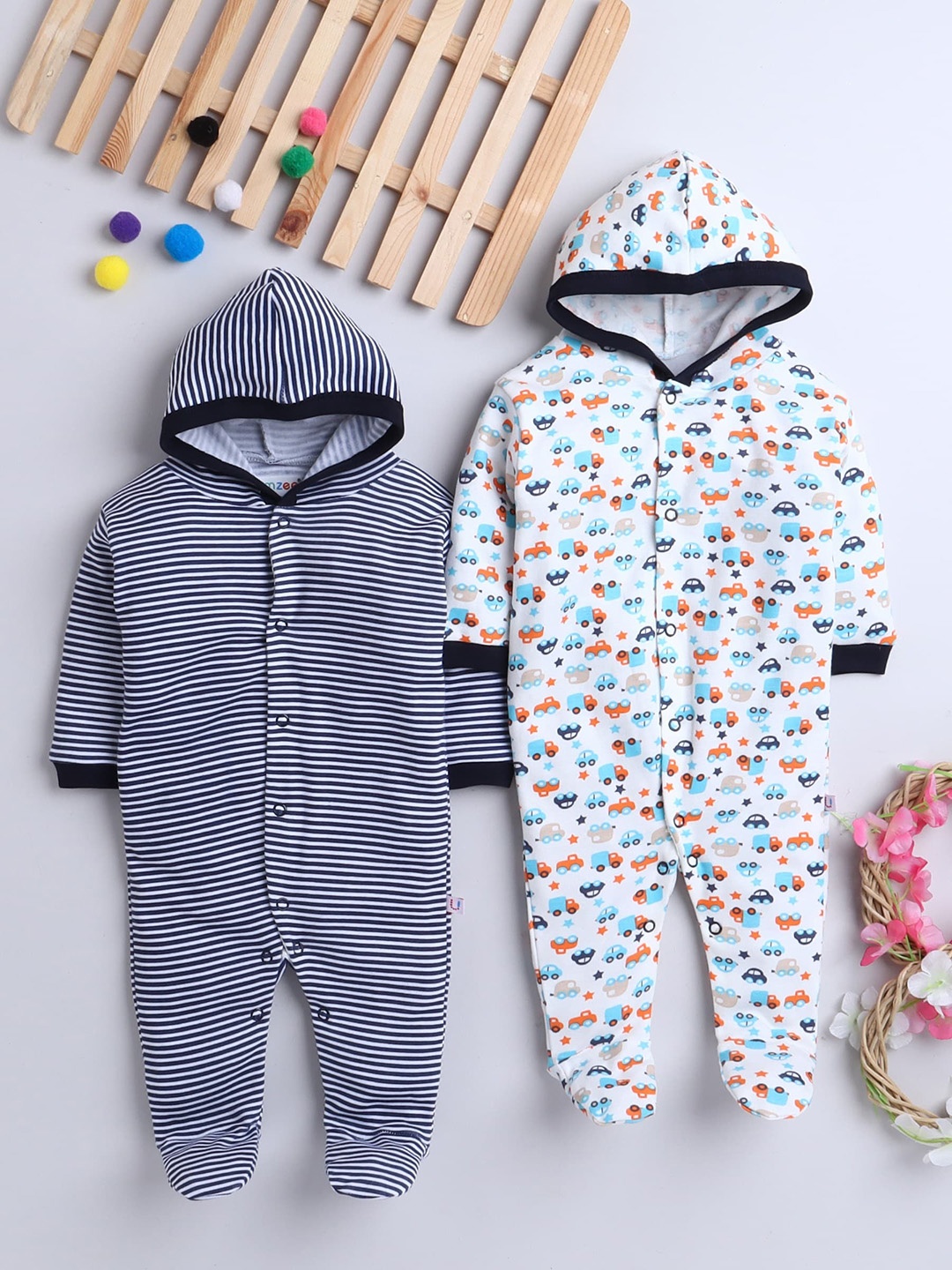 

BUMZEE Infant Boys White & Blue Pack Of 2 Printed Cotton Sleepsuits, Navy blue