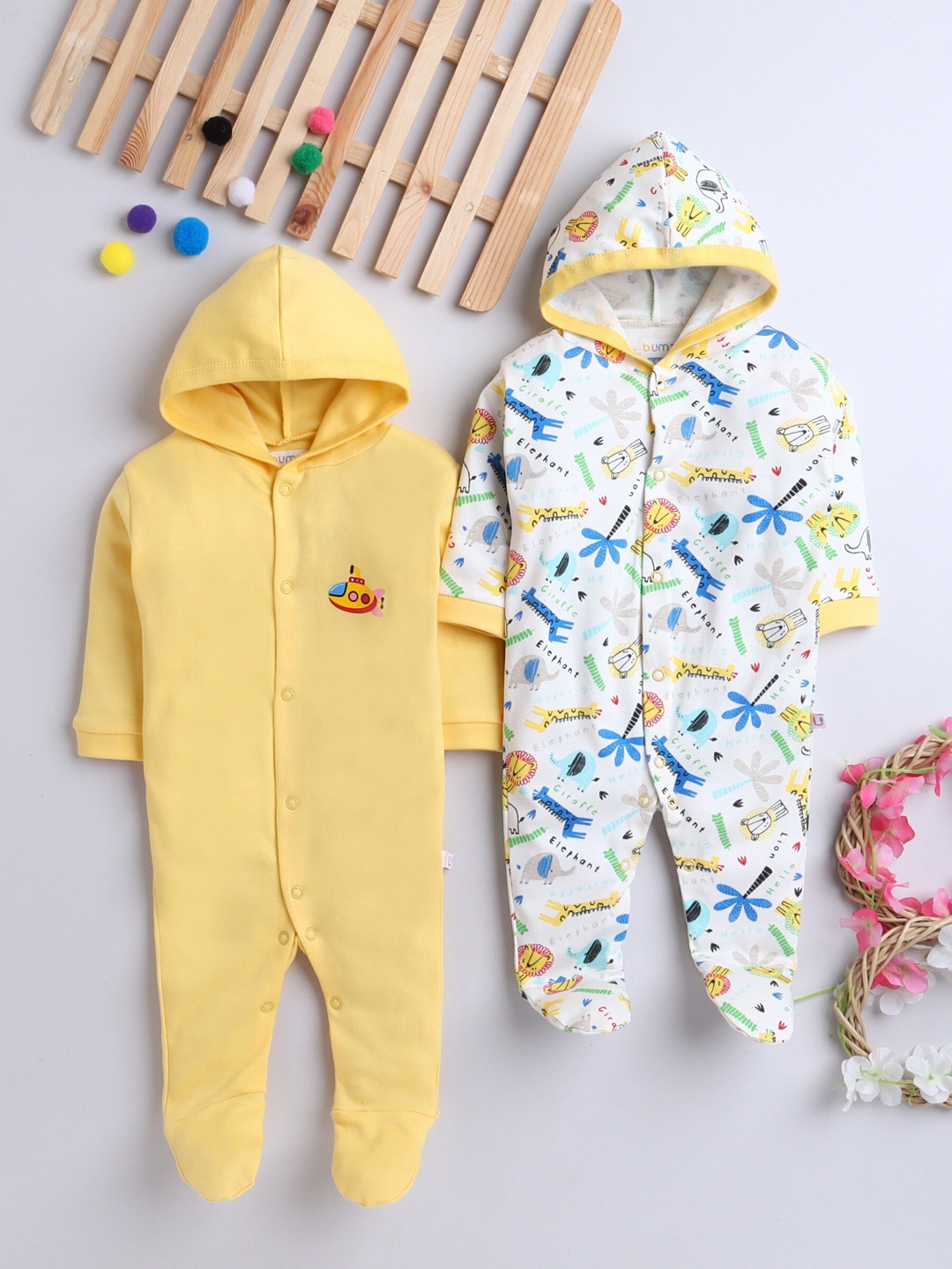 

BUMZEE Infant Boys Yellow & White Pack Of 2 Cotton Hooded Sleepsuit