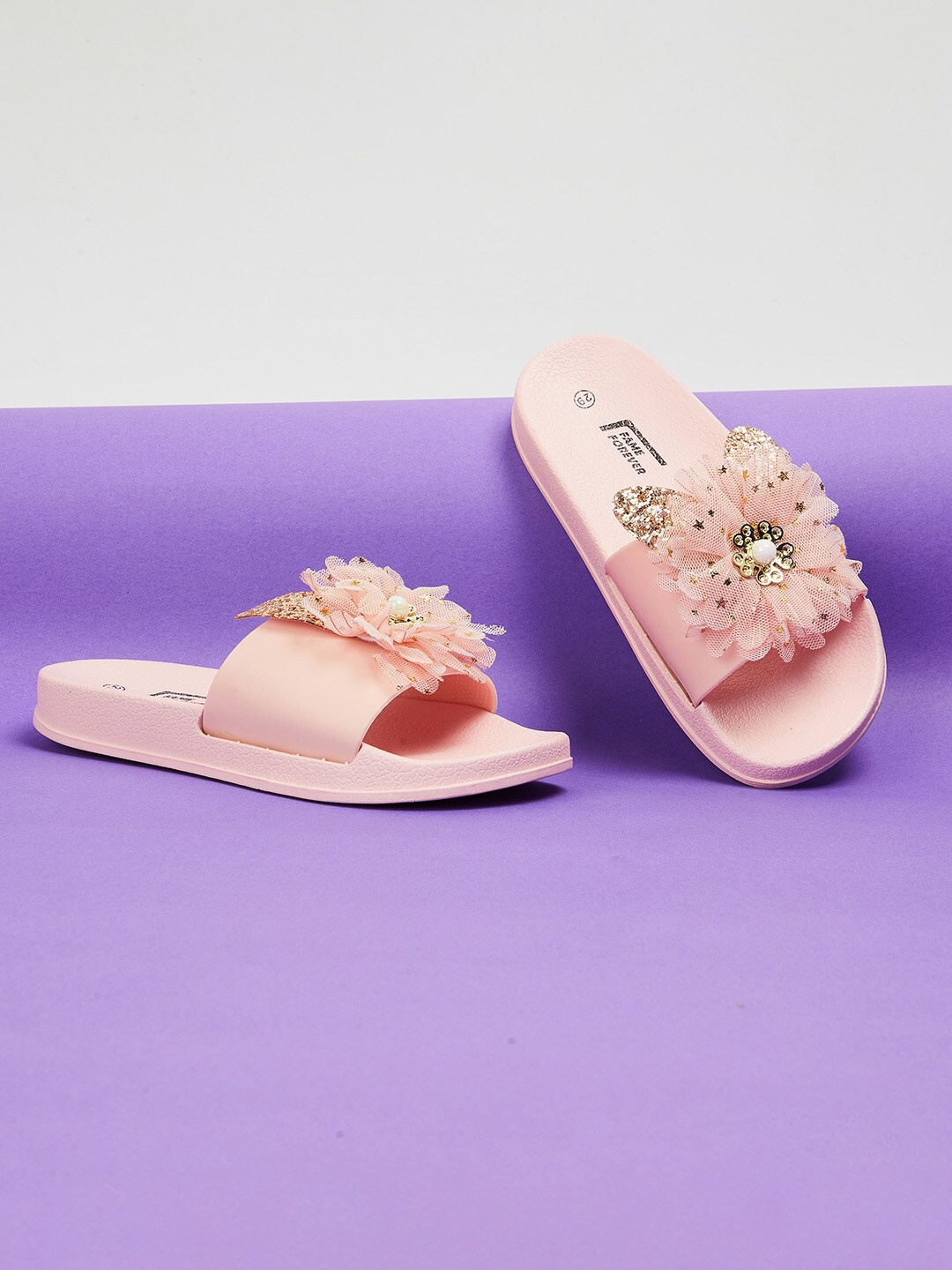 

Fame Forever by Lifestyle Girls Pink & Gold-Toned Embellished Rubber Sliders