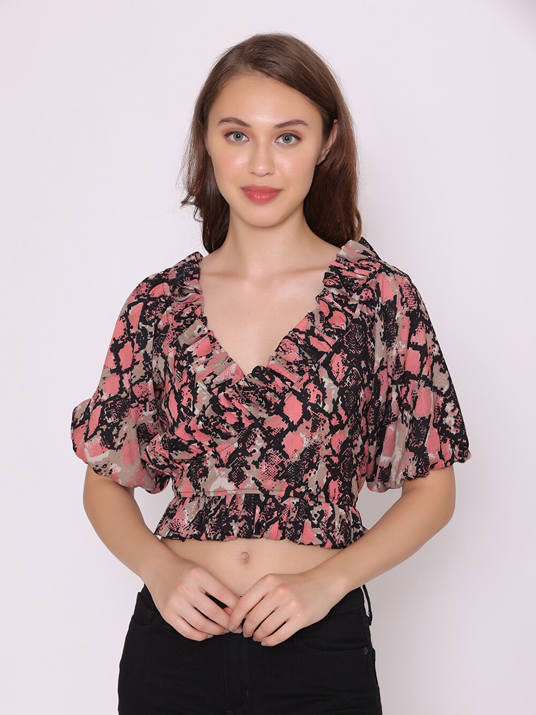 

YEROS Black Floral Print Crepe Blouson Crop Top