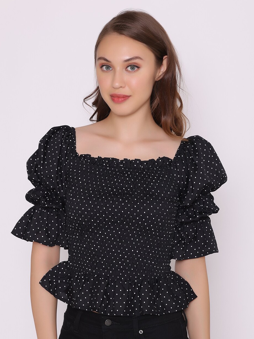 

YEROS Black Print Crepe Peplum Crop Top