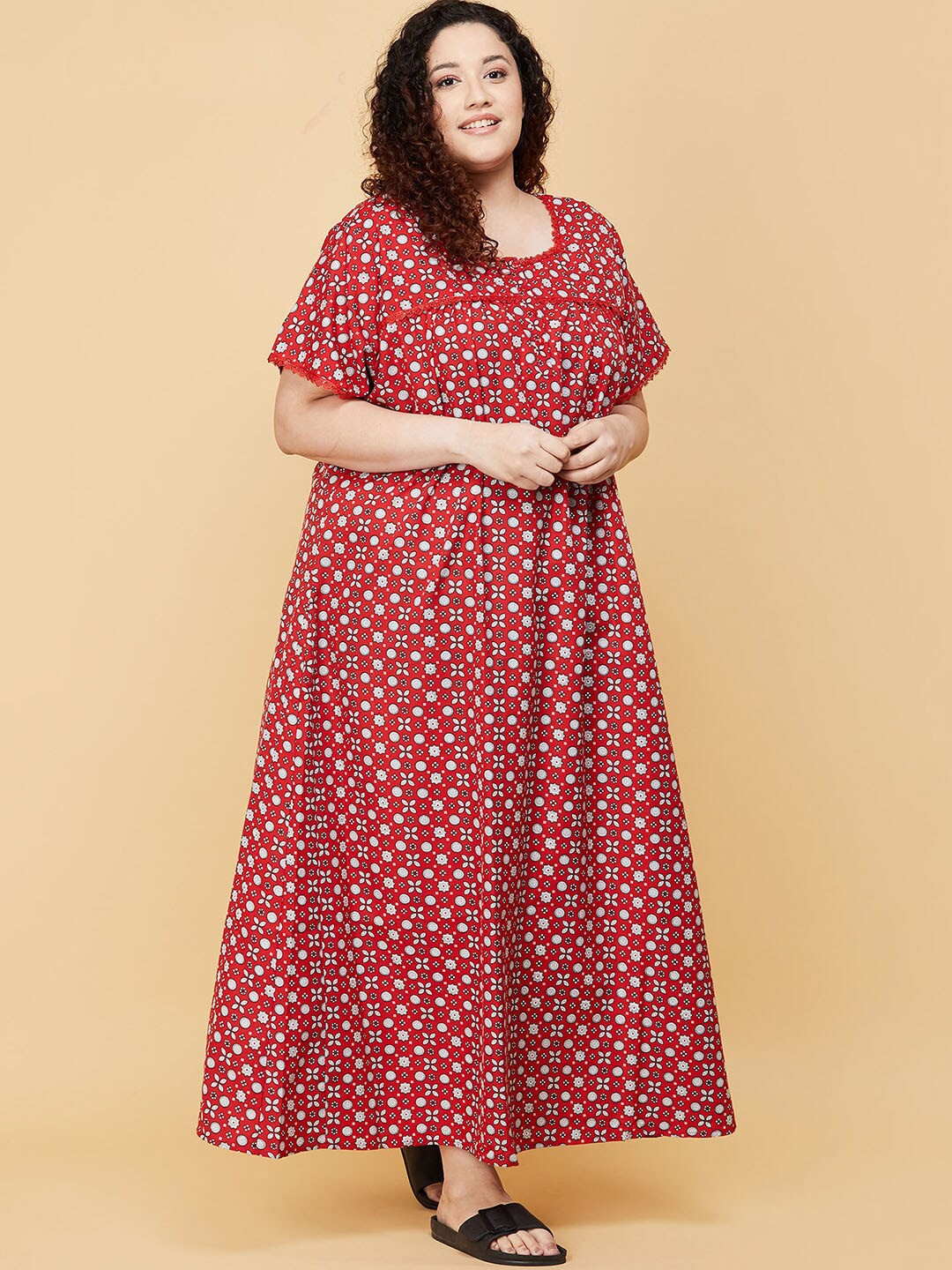 

max Women Plus Size Red Printed Maxi Nightdress