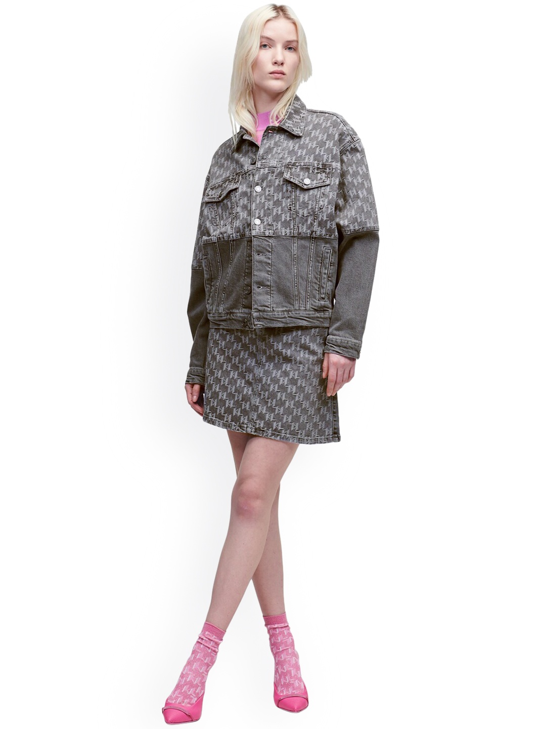 

Karl Lagerfeld Women Grey Geometric Insulator Longline Denim Jacket