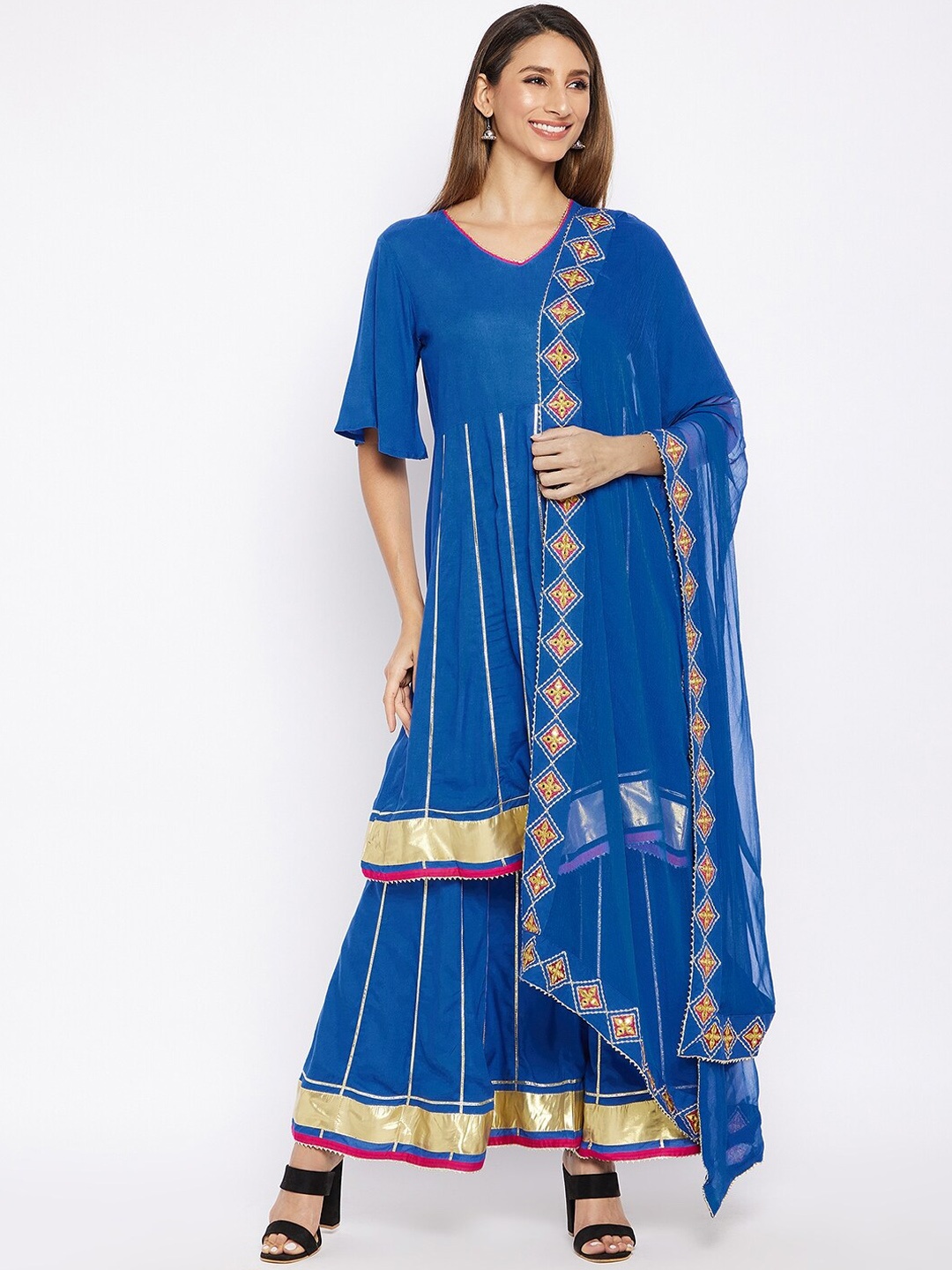 

Prakhya Women Blue Panelled Kurta with Sharara & With Dupatta