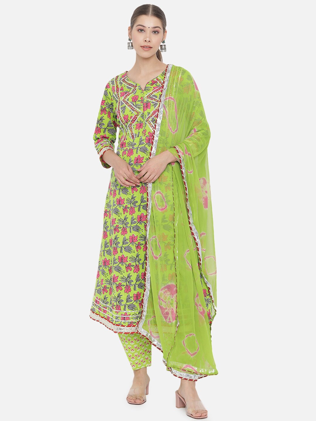 

Prakhya Women Green Floral Printed Panelled Pure Cotton Kurti with Salwar & With Dupatta