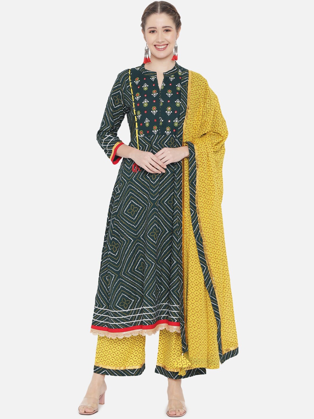 

Prakhya Women Green Ethnic Motifs Printed Pure Cotton Kurti with Palazzos & With Dupatta