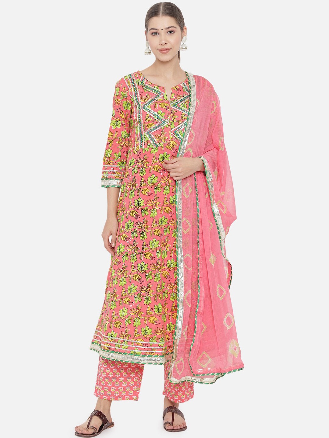 

Prakhya Women Pink Floral Printed Pure Cotton Kurta with Trousers & With Dupatta