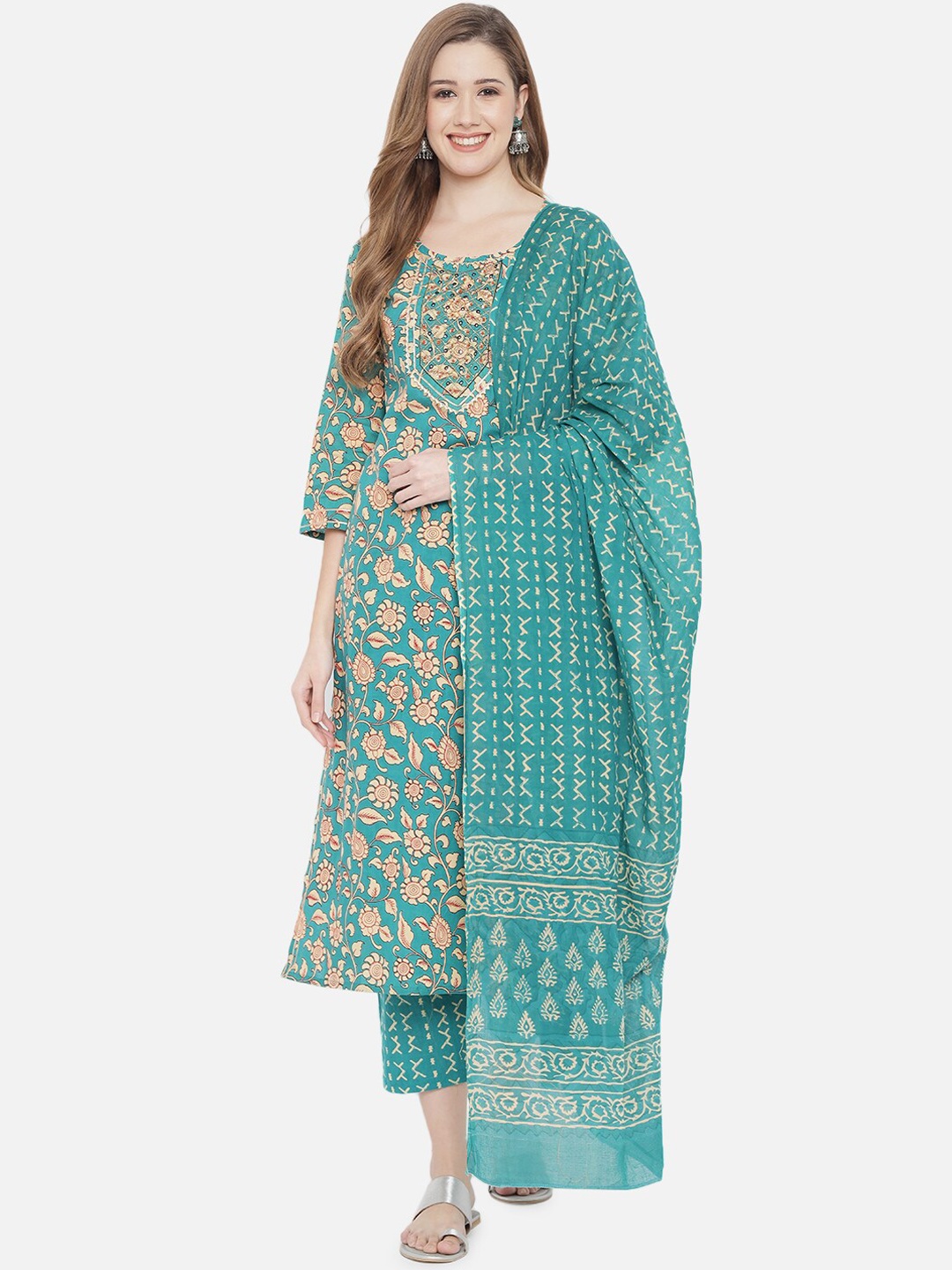 

Prakhya Women Green Floral Printed Pure Cotton Kurta with Trousers & With Dupatta