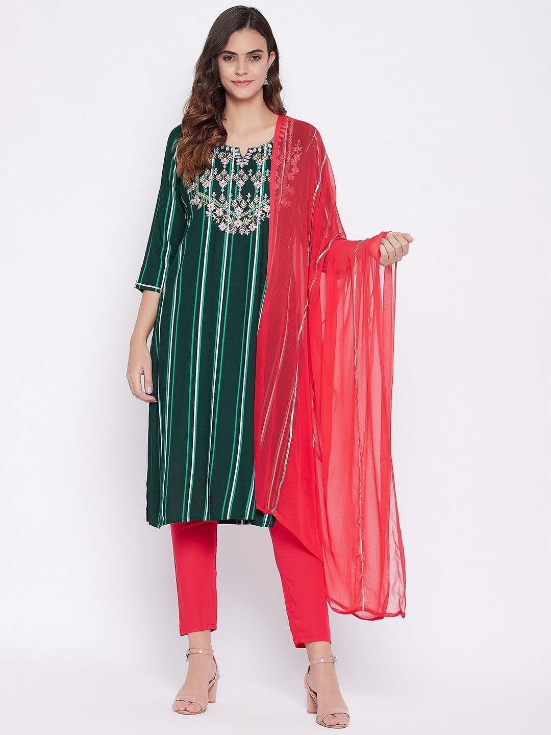 

Prakhya Women Green Printed Kurta with Trousers & Dupatta