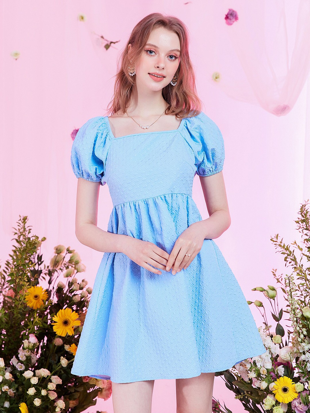 

URBANIC Blue Square Neck Dress with Puff Sleeves