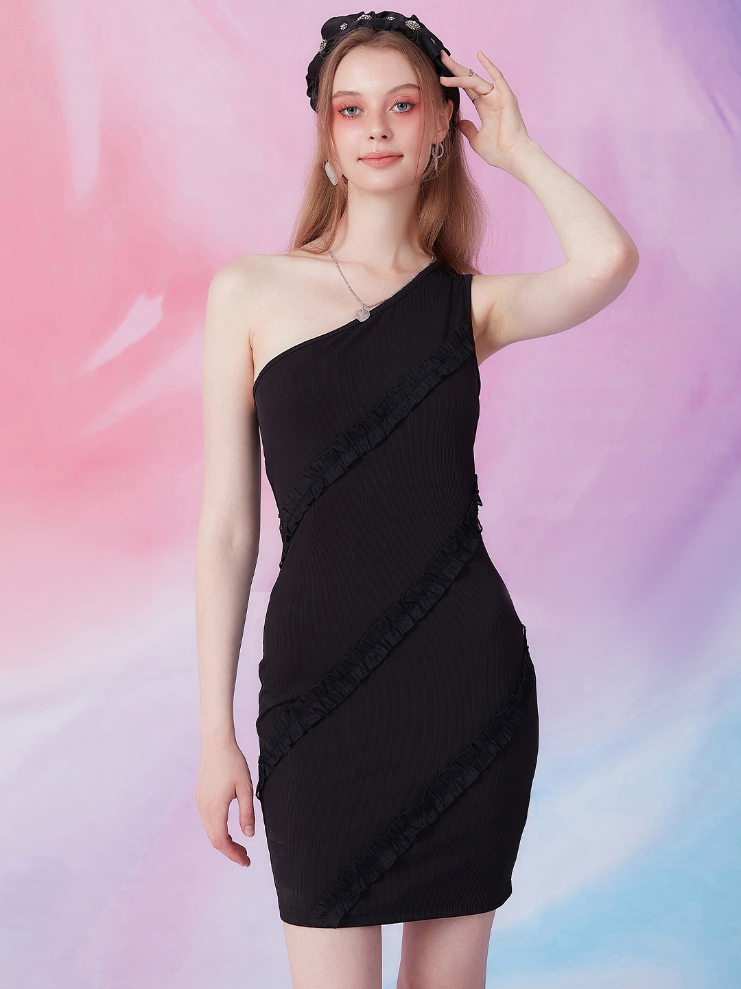 

URBANIC Black Solid One Shoulder Ruffled Bodycon Dress