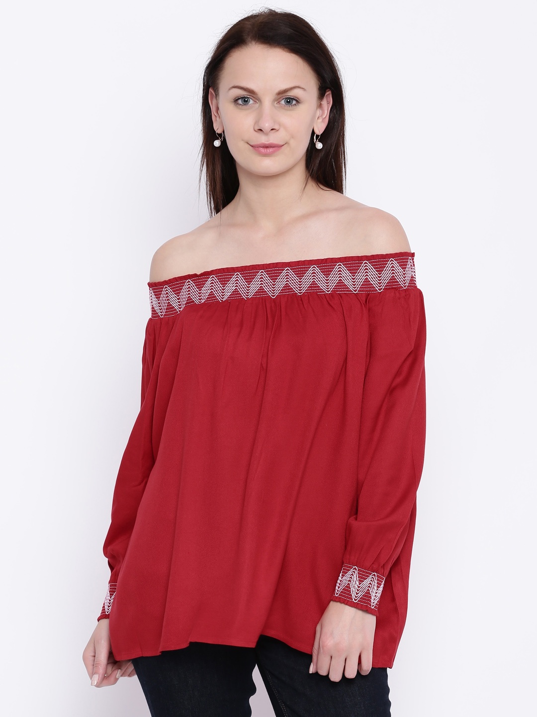 

Jealous 21 Women Red Solid Bardot Top