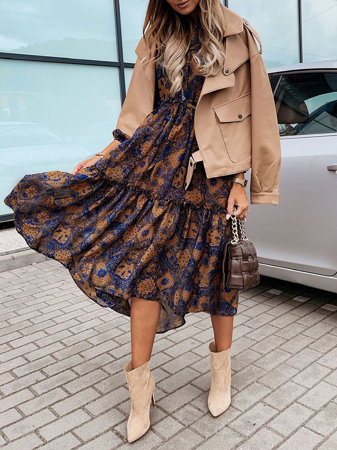 

URBANIC Women Brown & Blue Printed Fit & Flare Dress