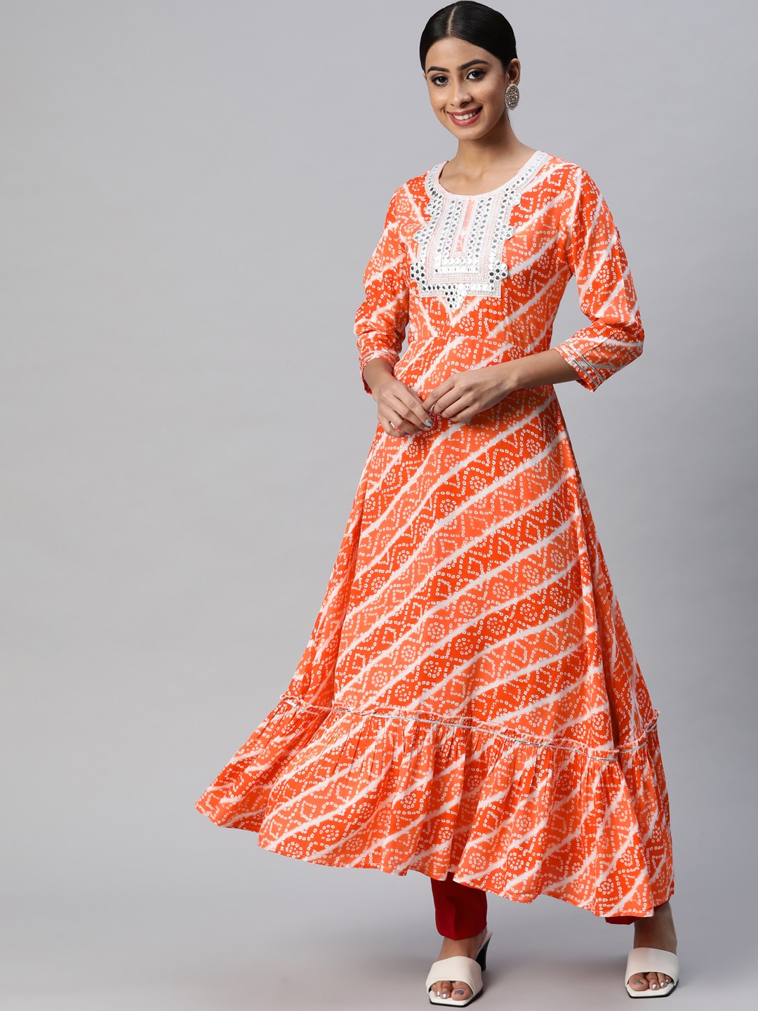 

mokshi Women Orange Bandhani Printed Gotta Patti Anarkali Kurta