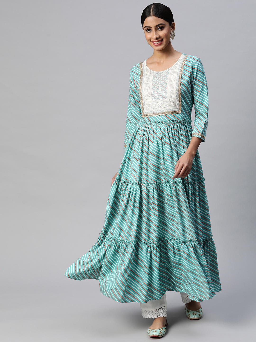 

mokshi Women Green Leheriya Printed Gotta Patti Anarkali Kurta