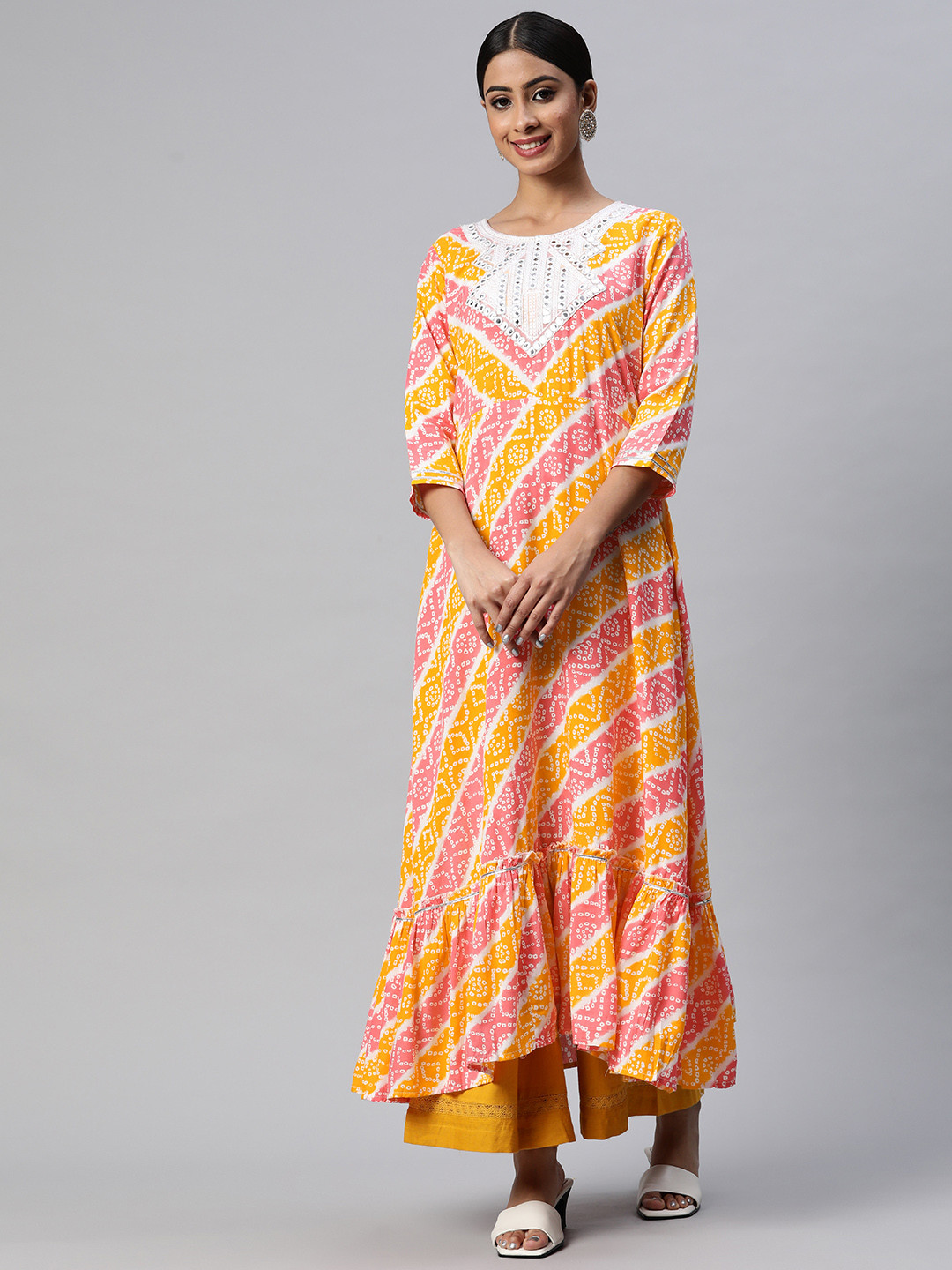 

mokshi Women Yellow & Pink Bandhani Printed Mirror Work Anarkali Kurta