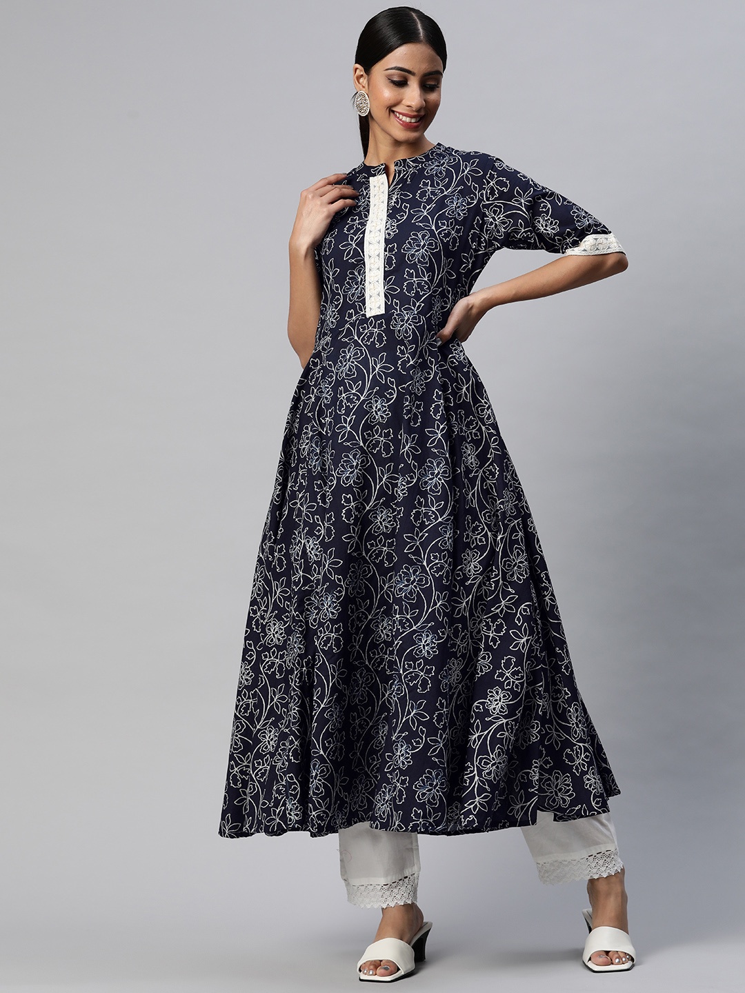 

mokshi Women Blue Floral Printed Mirror Work Floral Anarkali Kurta