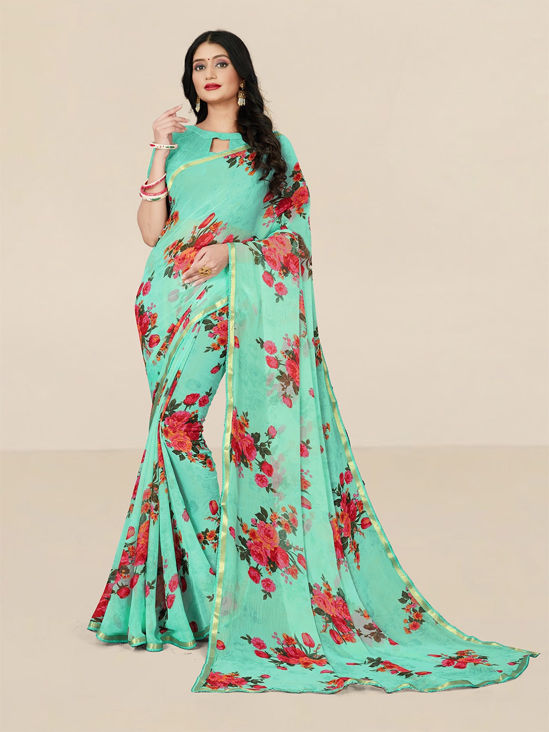 

UNITED LIBERTY Women Green & Red Floral Zari Pure Georgette Block Print Saree
