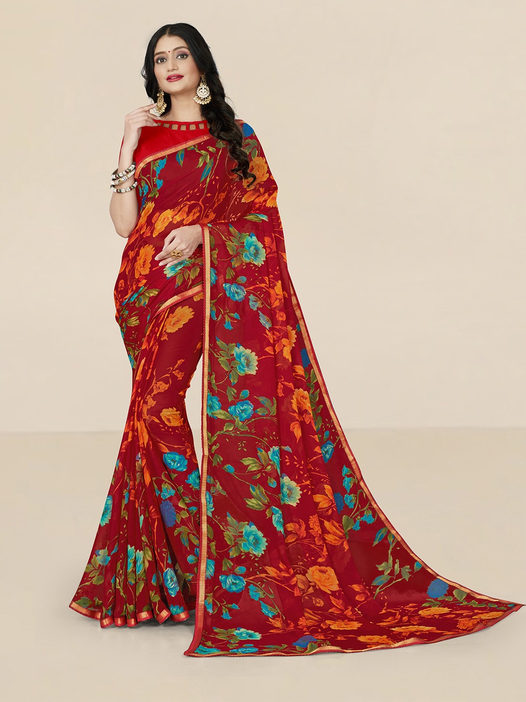 

UNITED LIBERTY Red & Orange Floral Zari Pure Georgette Block Print Saree