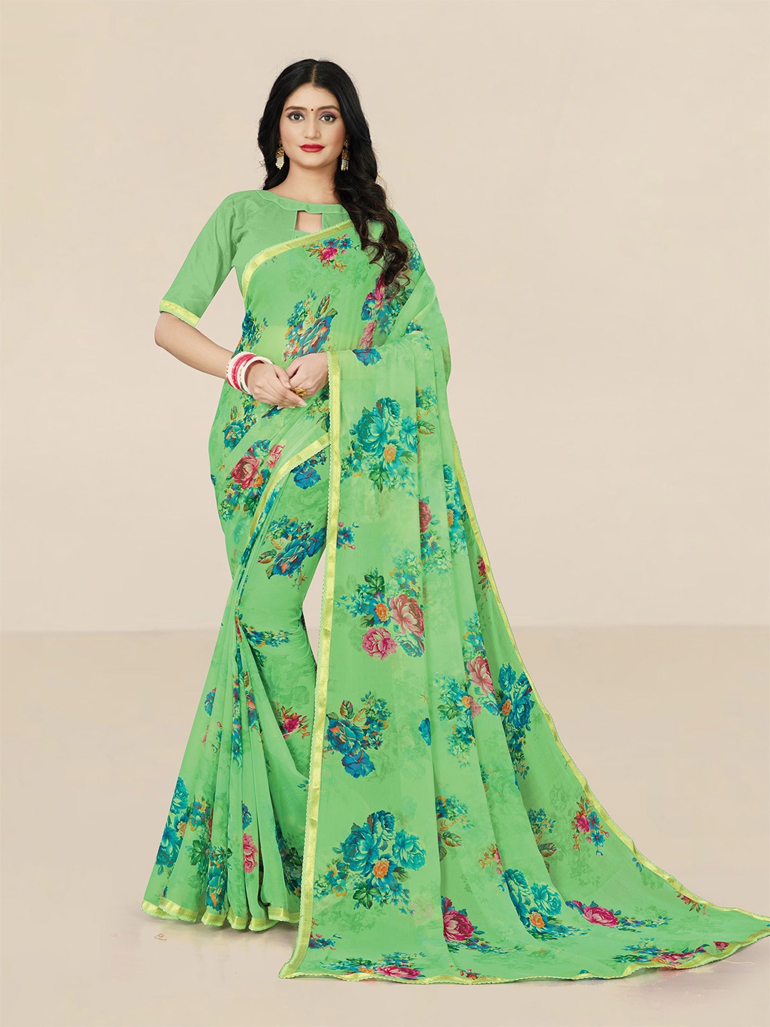 

UNITED LIBERTY Sea Green & Blue Floral Zari Pure Georgette Block Print Saree