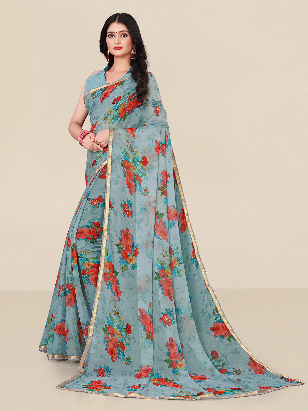 

UNITED LIBERTY Grey & Red Floral Zari Pure Georgette Block Print Saree