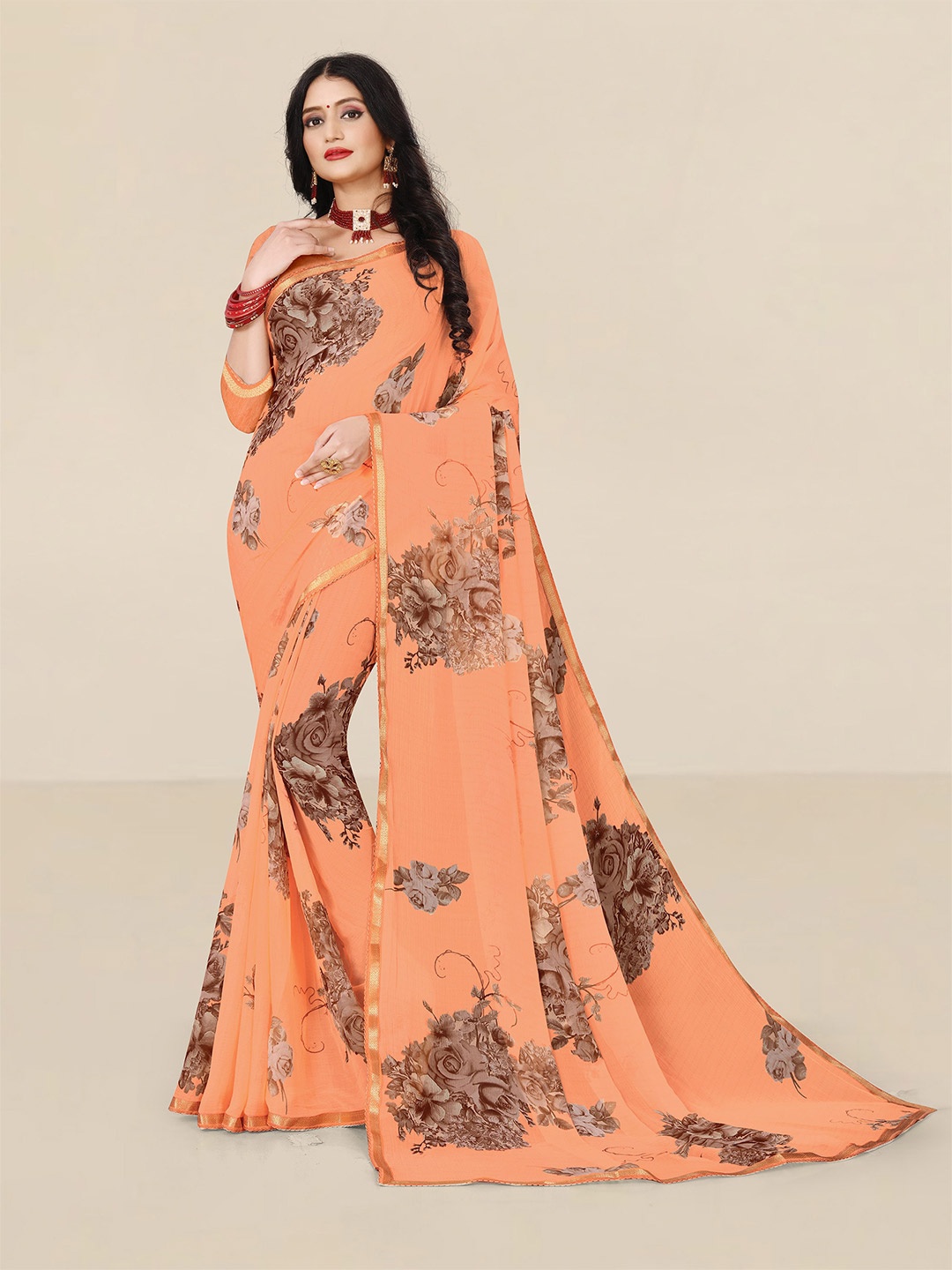 

UNITED LIBERTY Orange & Grey Floral Zari Pure Georgette Block Print Saree