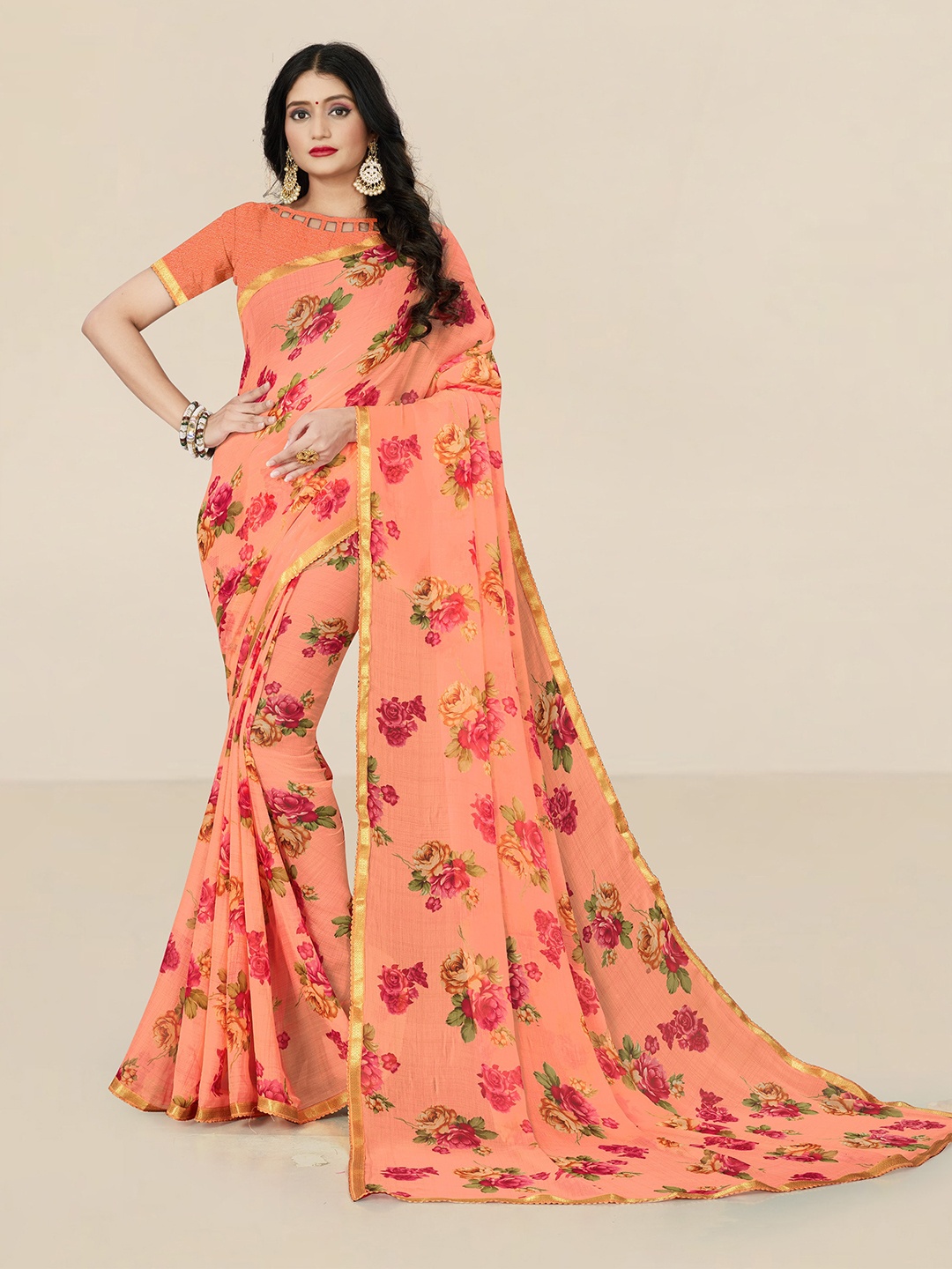 

UNITED LIBERTY Peach-Coloured & Pink Floral Zari Pure Georgette Block Print Saree