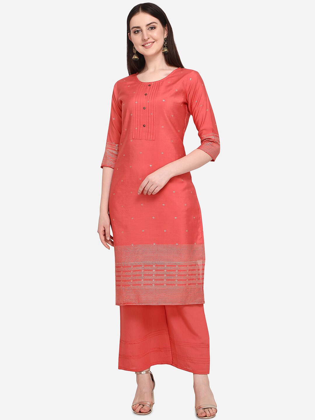 

Prettify Women Red Printed Embellished Kurti with Palazzos