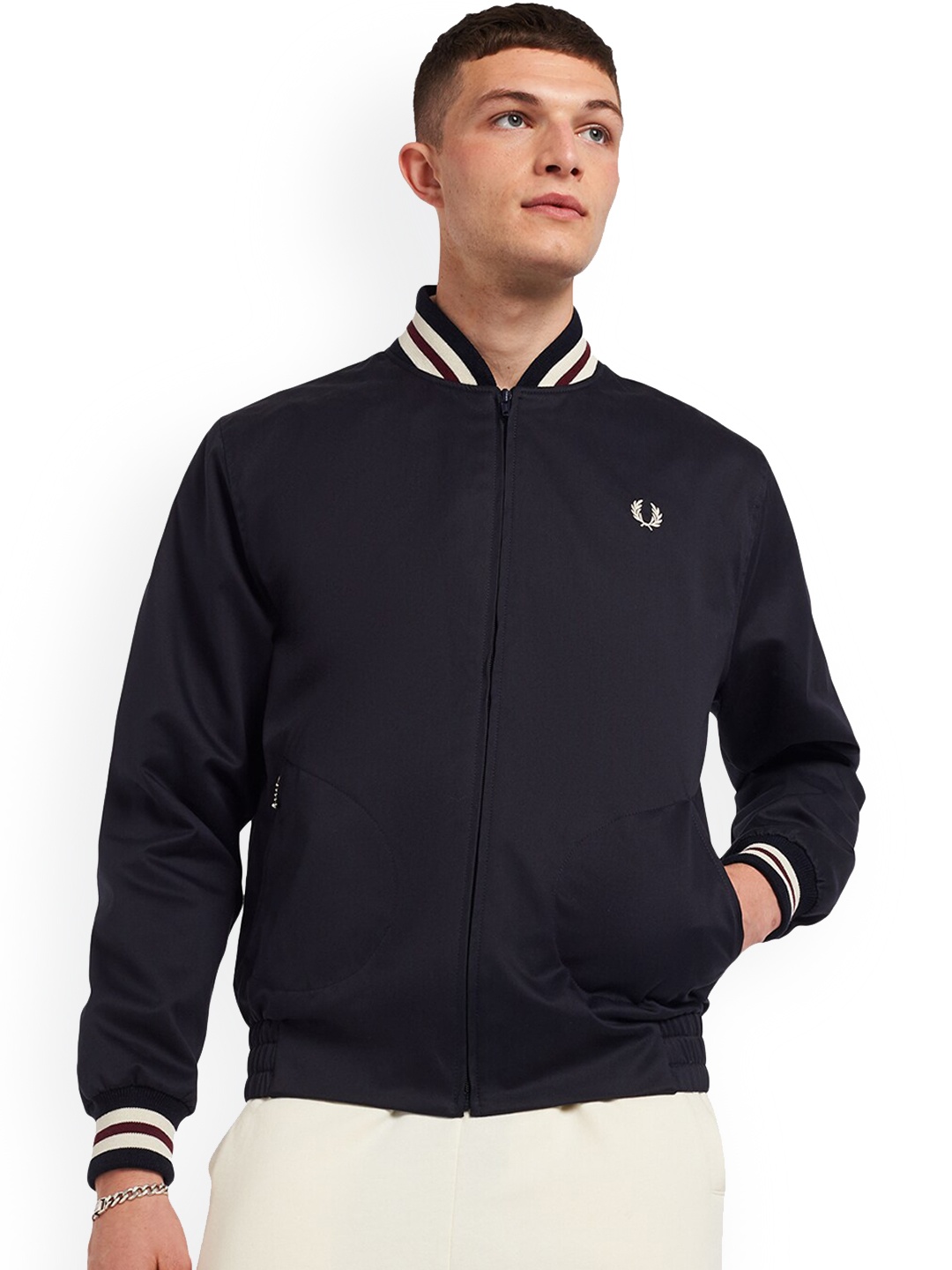 

Fred Perry Men Navy Blue Insulator Bomber with Patchwork Jacket