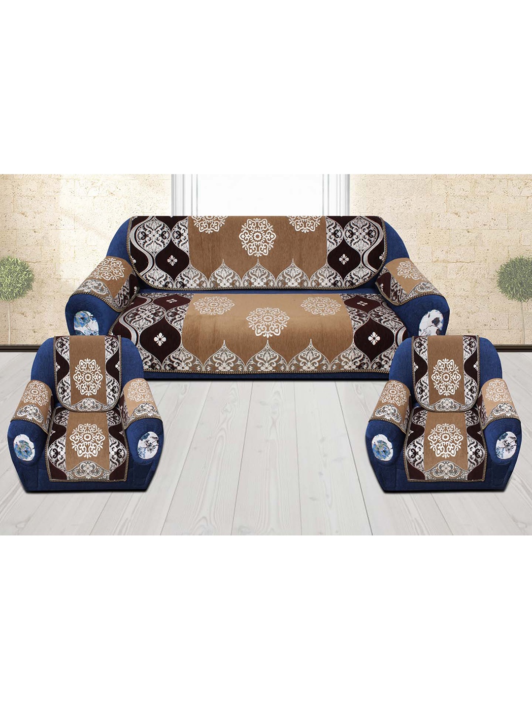 

Slushy Mushy Brown & Blue 16-Pieces Velvet Sofa Cover Set