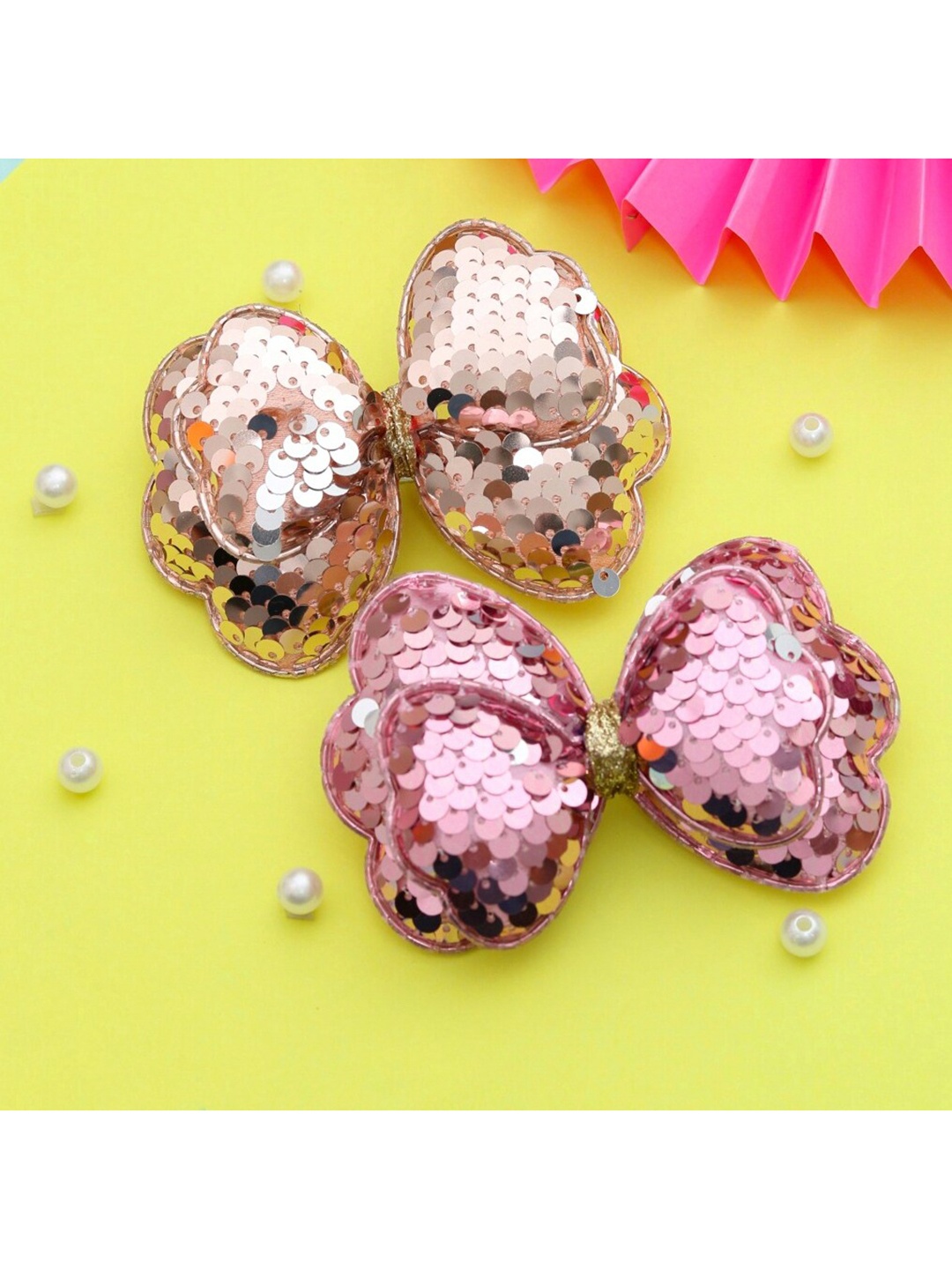 

Yellow Bee Girls Set of 2 Pink & Gold-Toned Sequinned Alligator Hair Clips