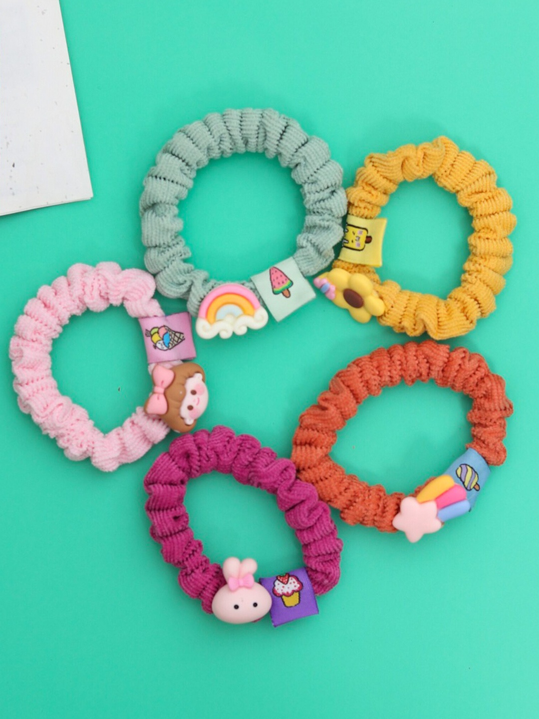 

Yellow Bee Kids-Girls Olive Green & Pink Set of 5 Embellished Ponytail Holders