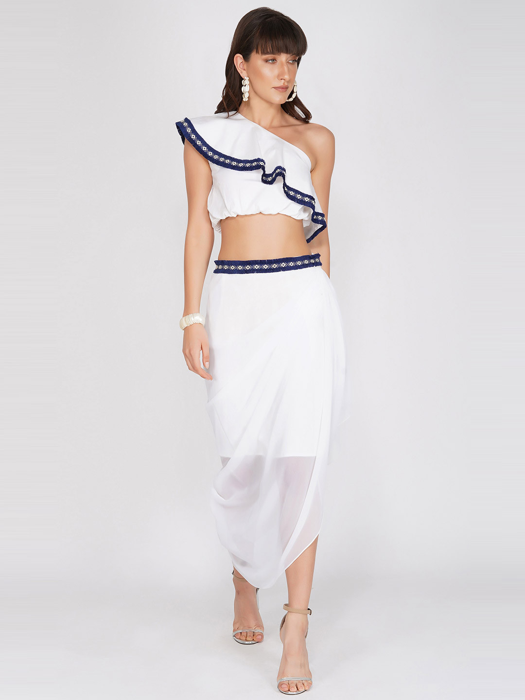 

KOVET White & Blue One Shoulder Ruffles Blouson Crop Top