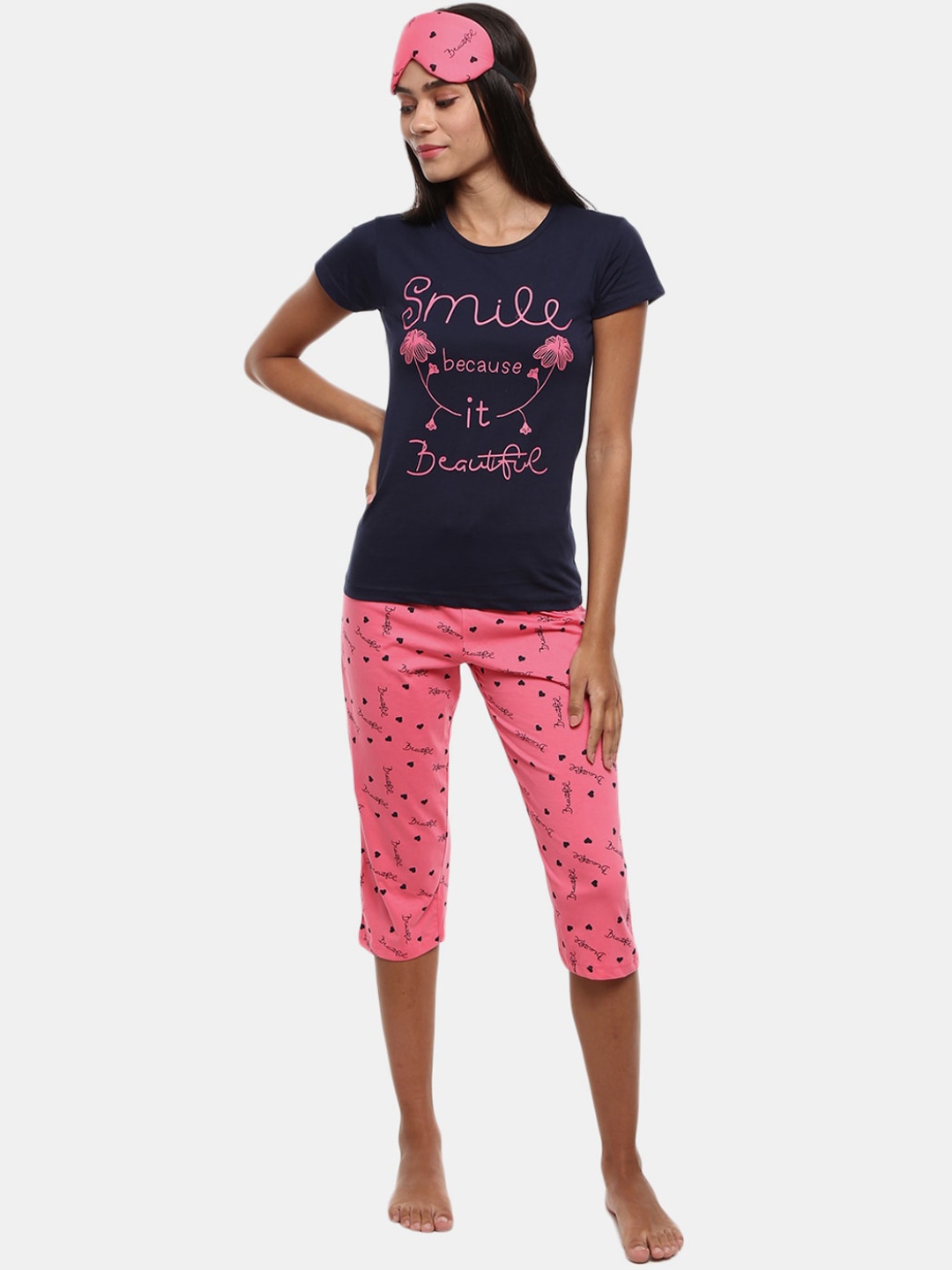 

V-Mart Women Navy Blue & Pink Night suit
